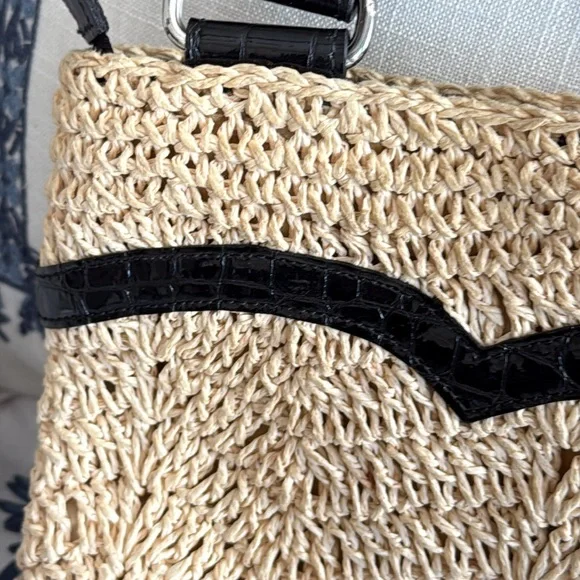 Brighton bag black patent leather trim strap raffia woven large roomy spring - Picture 6 of 17